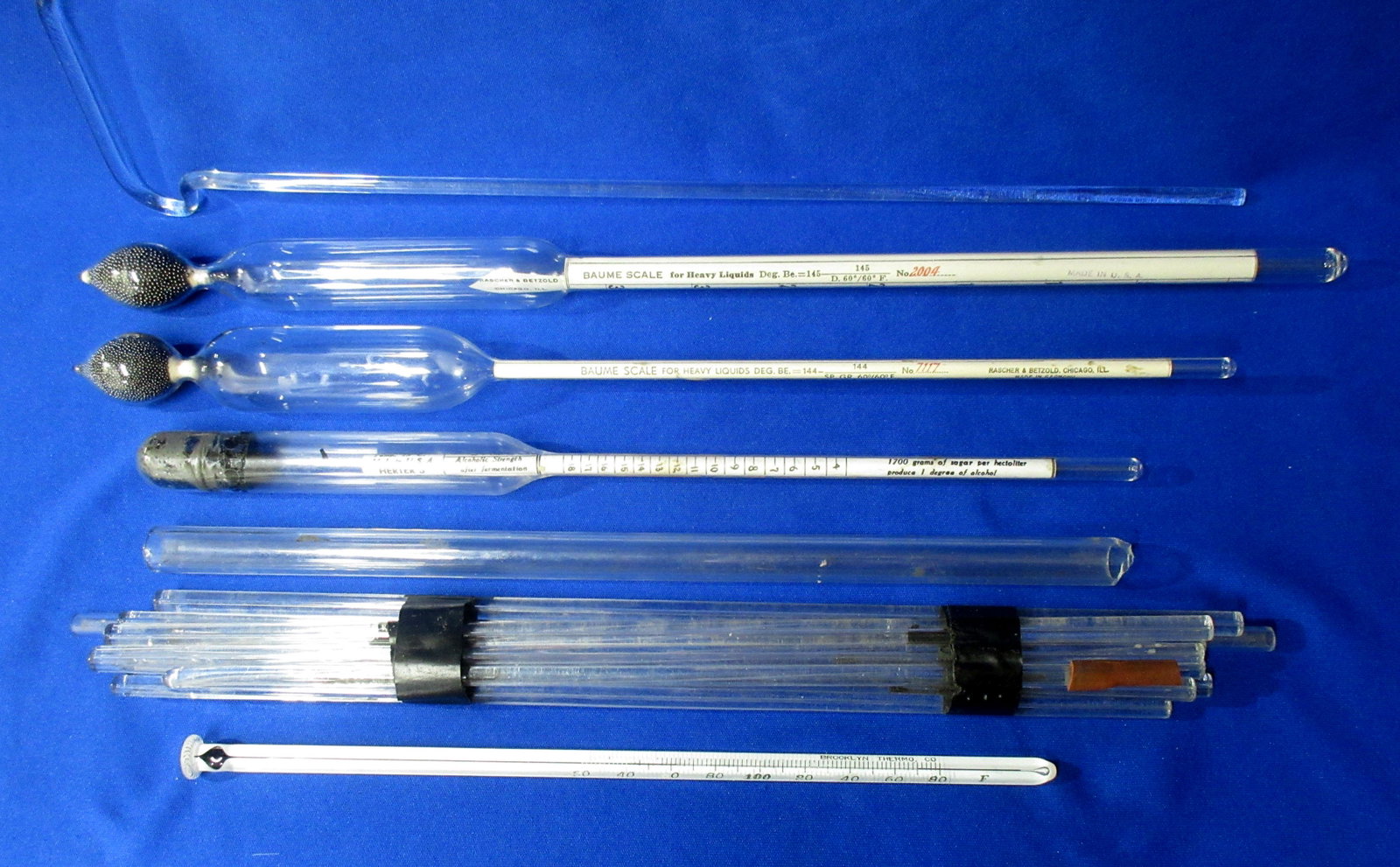 2 Baume Scales, Thermometer & Glass Rods: 7" - 13 1/2"