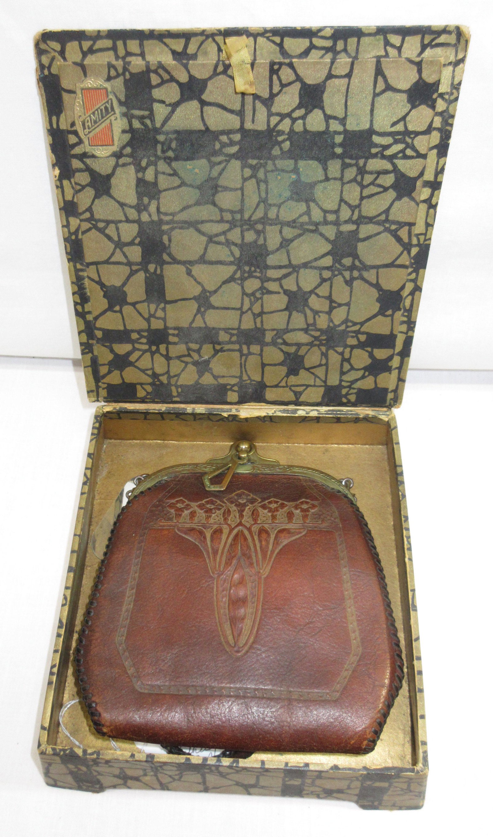 Art Deco Hand Tooled Leather Purse Orig. Box: 11 1/2" x 5 1/2"