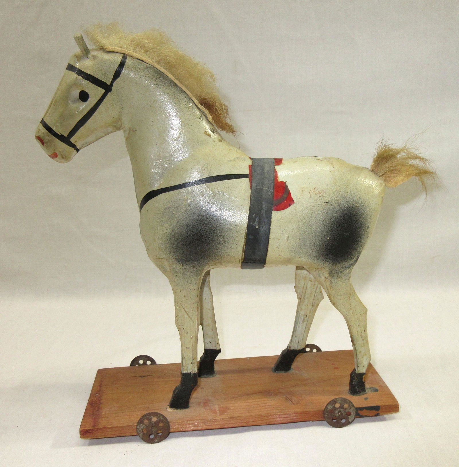 Germany Wood Leg Horse on Platform Pull Toy: 8 1/2"T x 7 1/2" x 2 1/2"