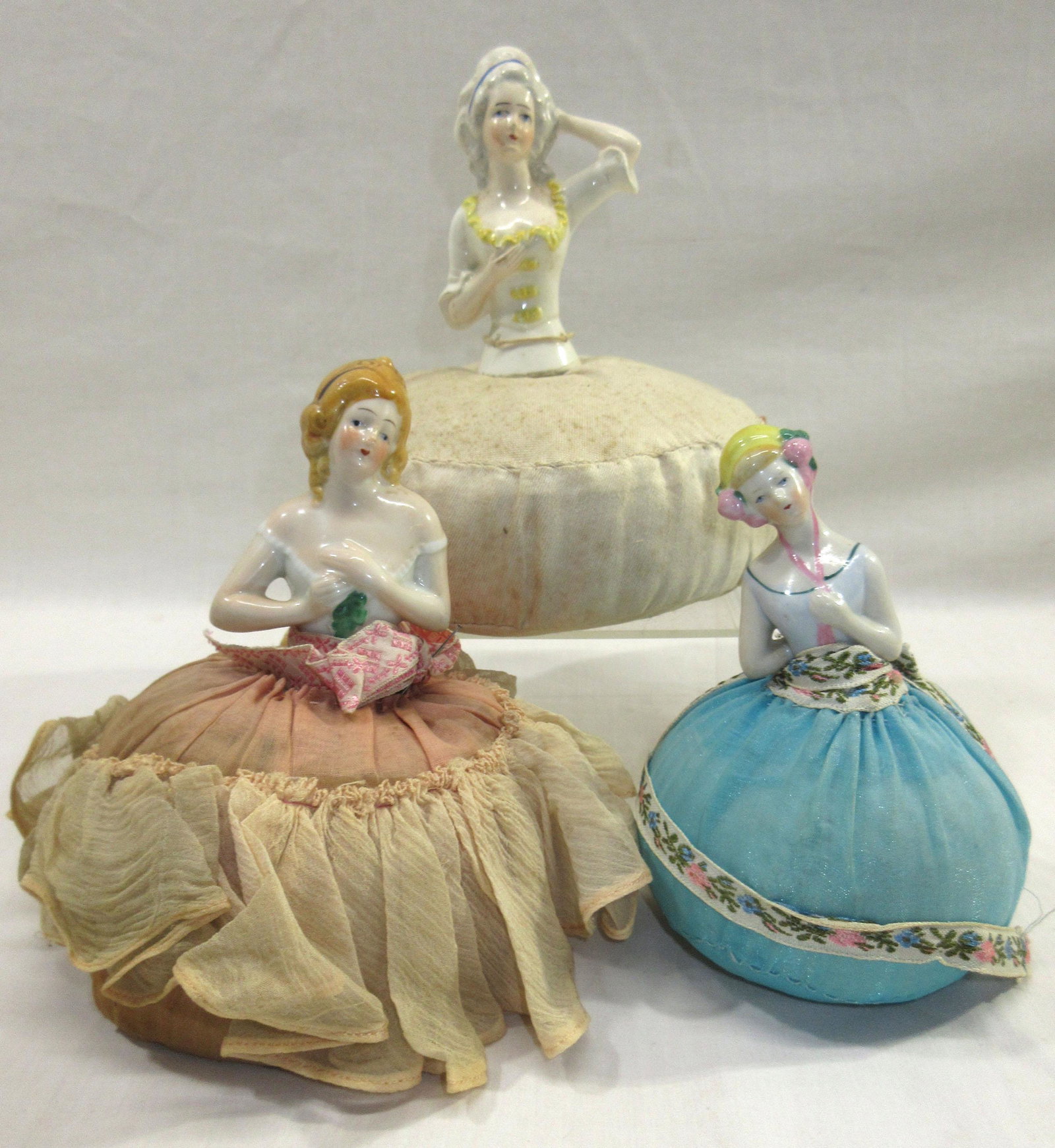 3 Pincushion Dolls: 5"T x 4"W, 6"T x 4 1/2"W, 6 1/2"T x 6"W