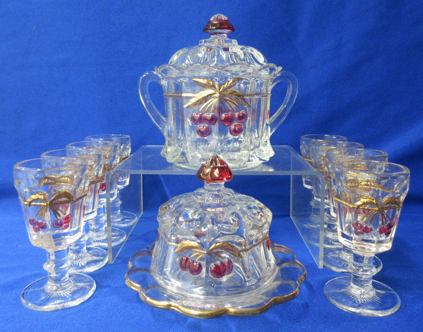10pc Child's Cherry Table Set: 3" sugar, 4" butter, 2 3/4" glasses