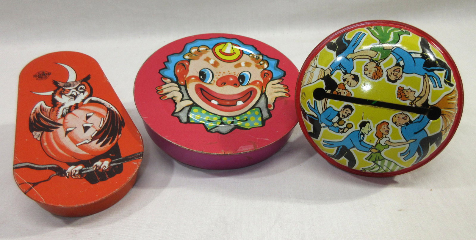 3 Vtg. Tin Noise Makers: 3 3/8" - 4 5/8"