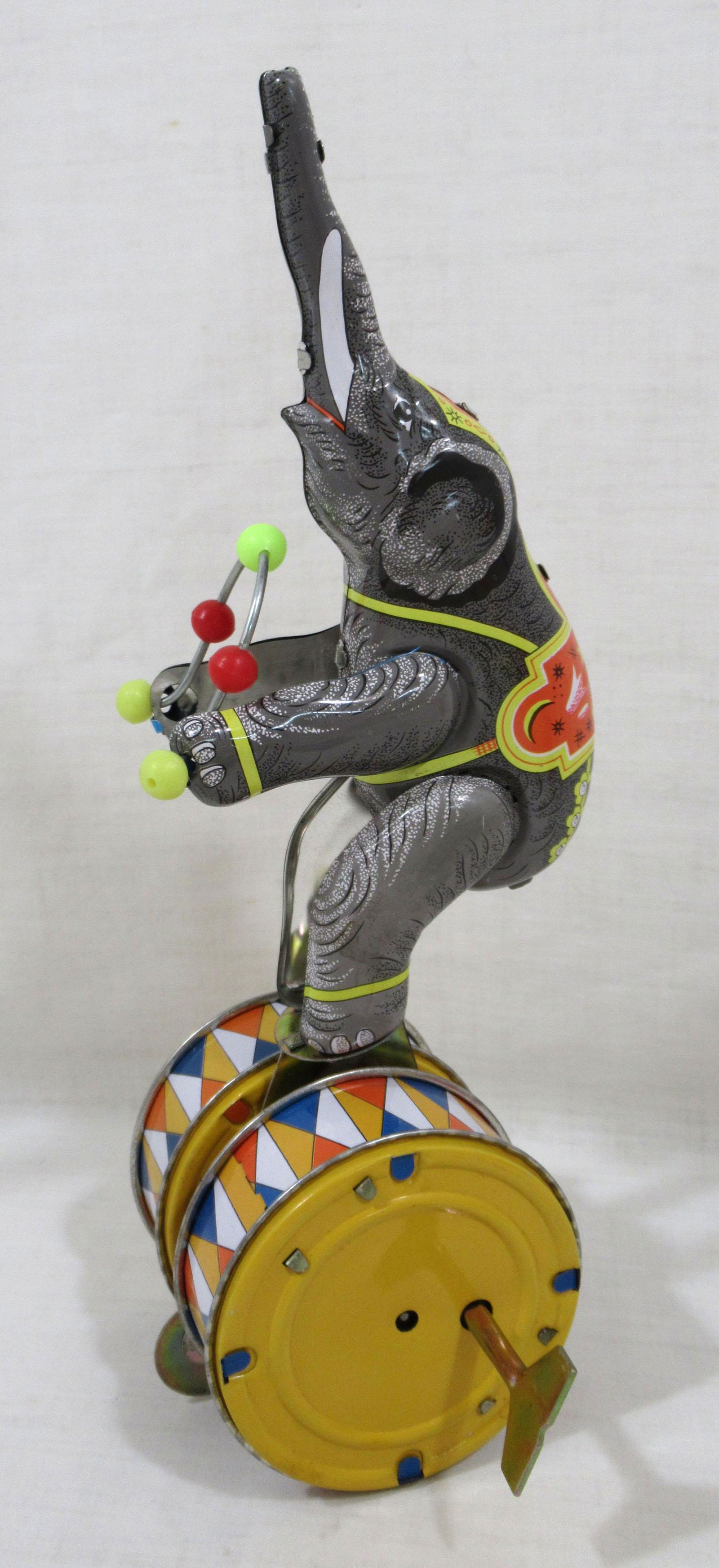 Modern Keywind Tin Elephant on Drums Toy: 11 1/4"T x 3 1/4"