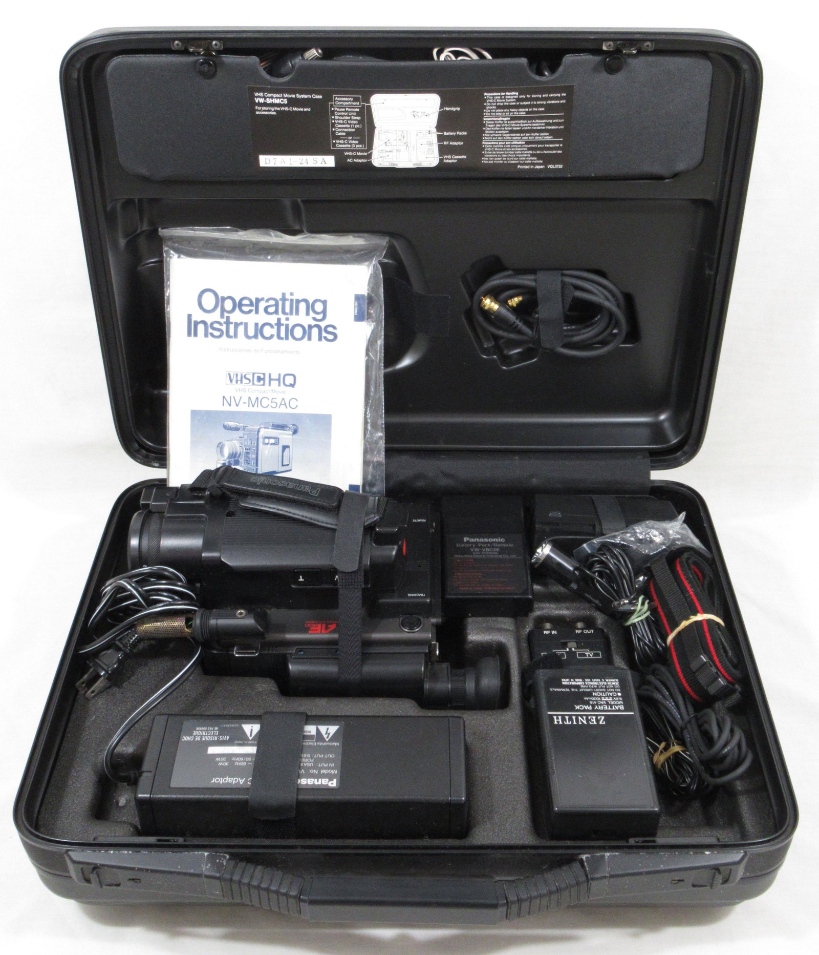 Panasonic VHS (Compact/HQ) Camcorder: Accessories, TV zoom lens, 9-54mm, 1:1.2 includes charger, batteries, wiring adapters, nylon strap, all in hard plastic locking case with keys. Inc. original operating instruction booklet