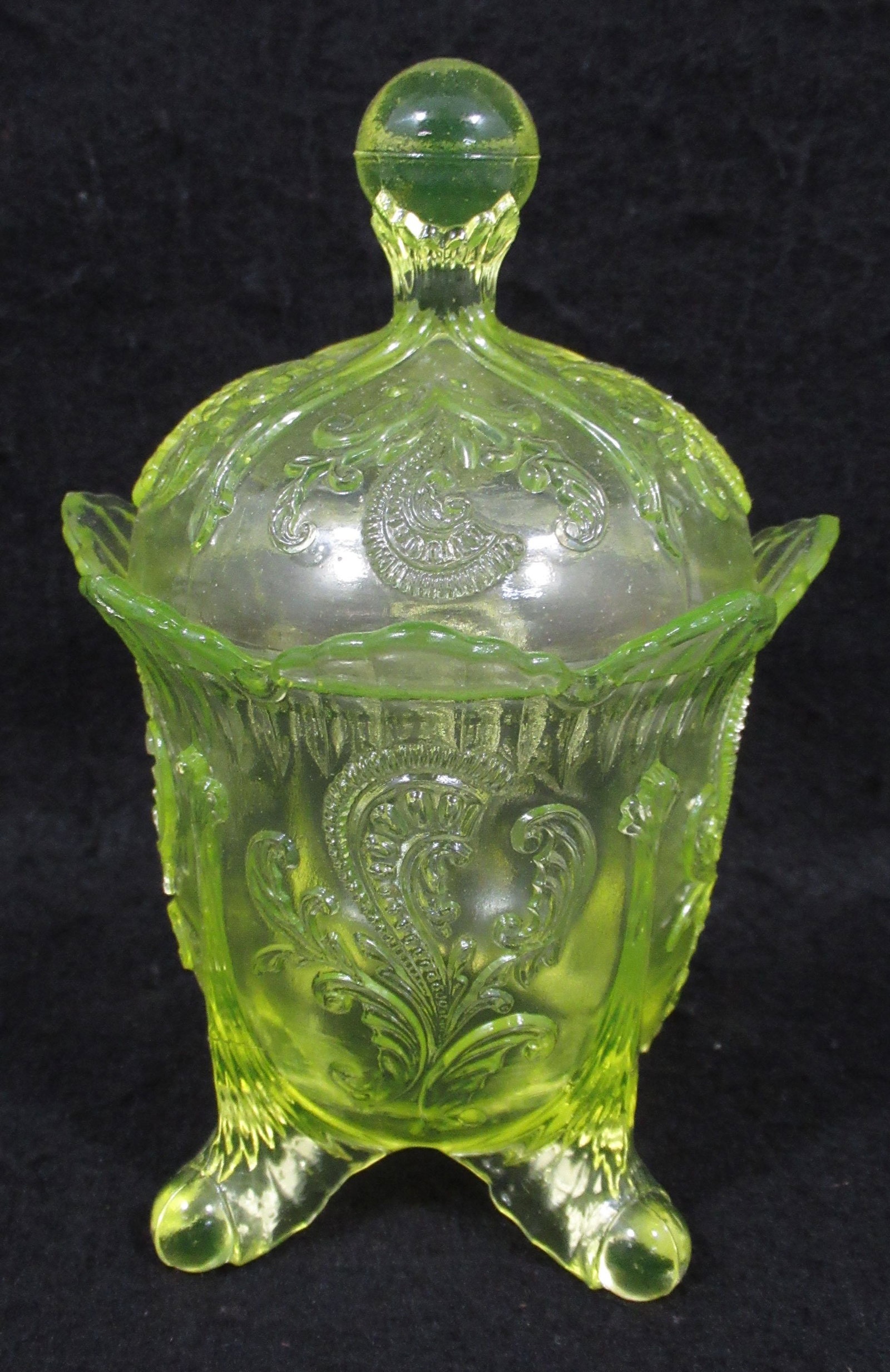 Vaseline Glass Covered Jar: 6 3/4"T x 4 1/2"W