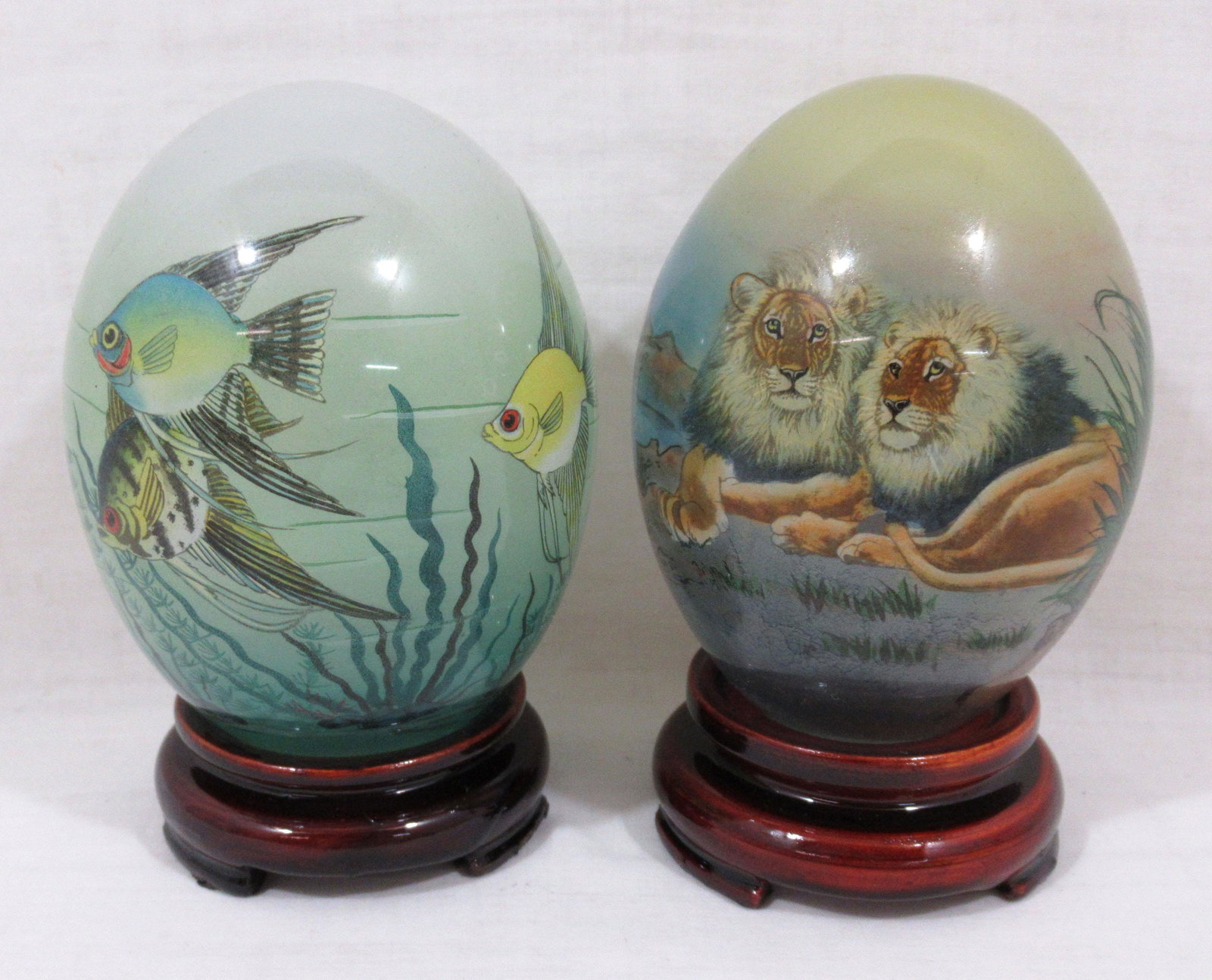 2 Chinese Reverse Painted Eggs: 4 1/2"T inc. stands