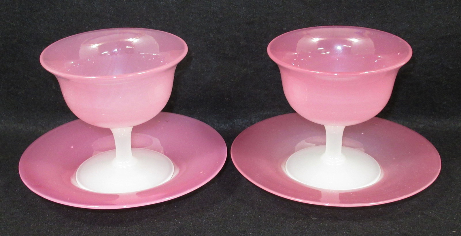 Pr. Steuben Rosaline Sherbets with Underplates: 6" plates, 3 7/8" x 4" sherbets
