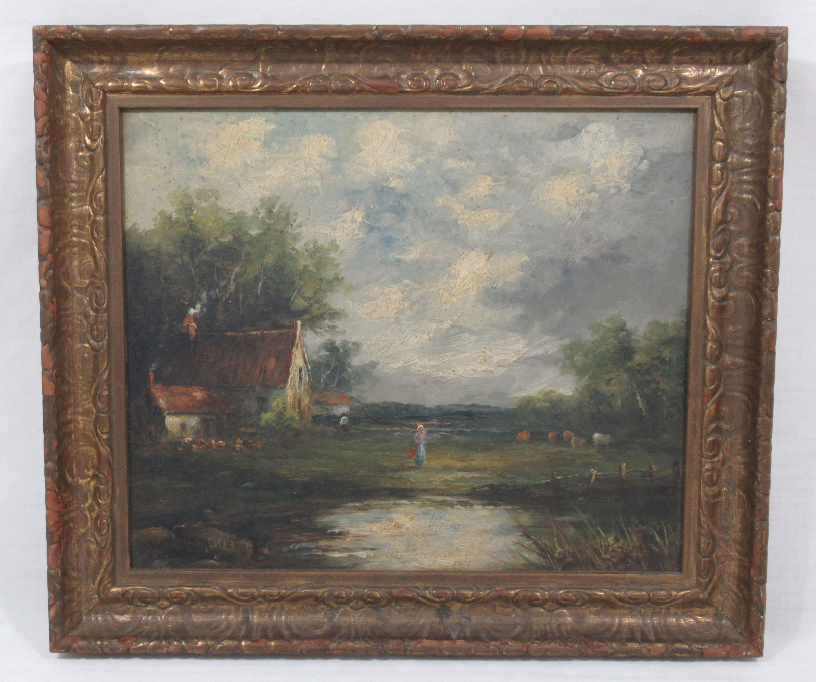 Oil on Board Cottage Scene Sgnd. W. Muller: 14 1/2" x 12 1/2" Frame