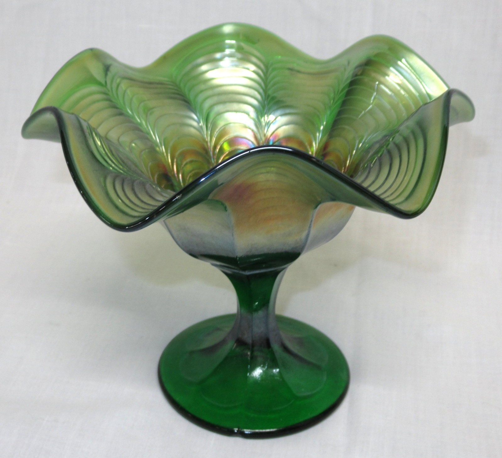 Carnival Glass Compote, Peacock Tail: 5"T x 6"W