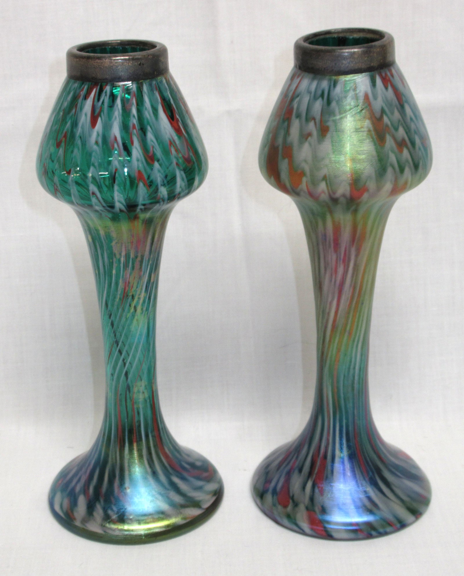 Pr. Loetz Type Vases with Silver Rims: 7 1/2"T x 3"W