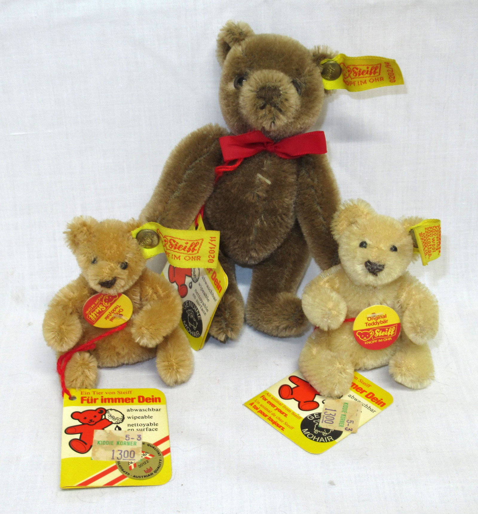 3 Steiff Teddy Bears: One is jointed. 3"T - 5"T