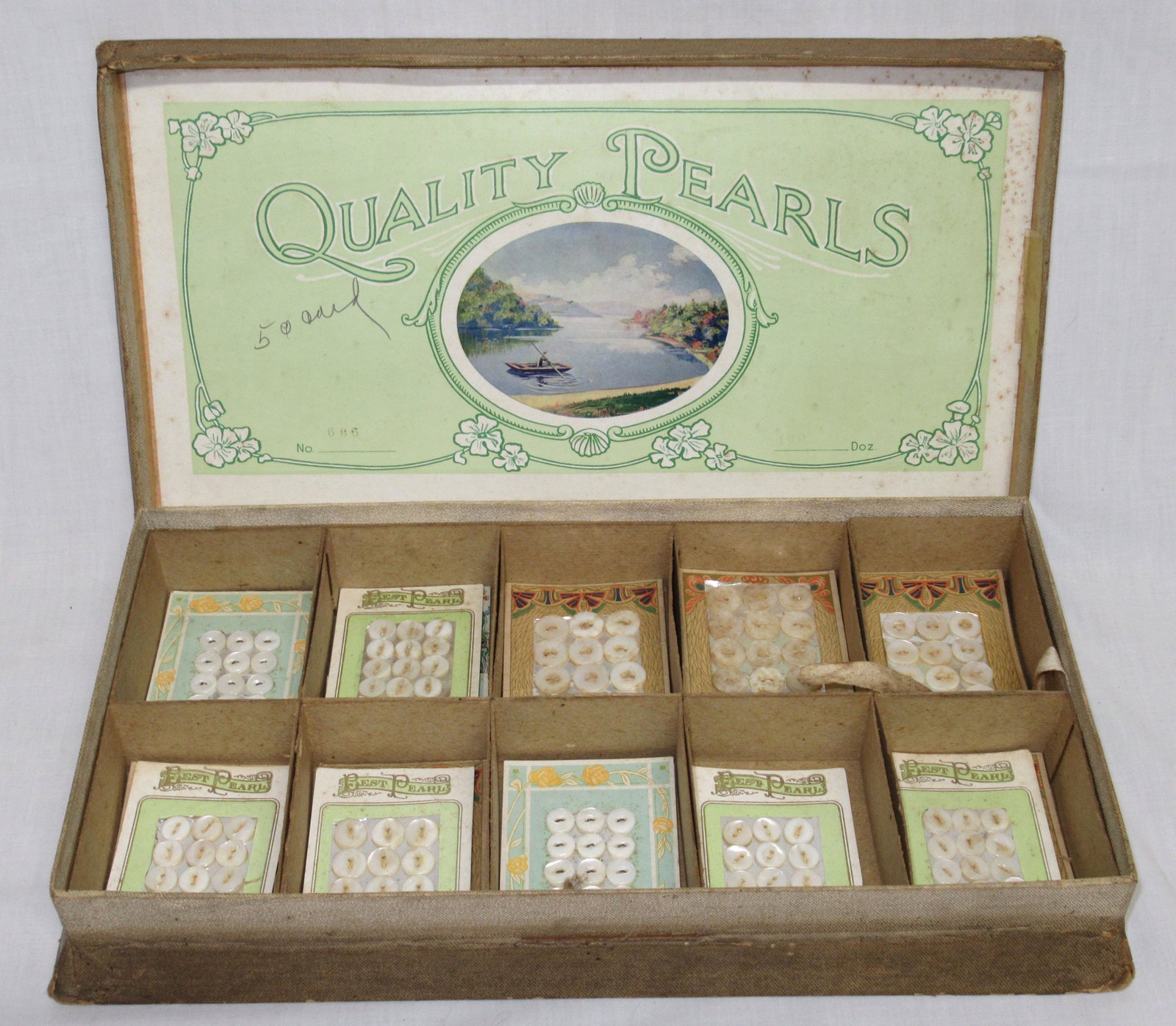 Quality Pearls Button Store Box with Buttons: 14 1/8" x 7 5/8" x 2 1/8" box