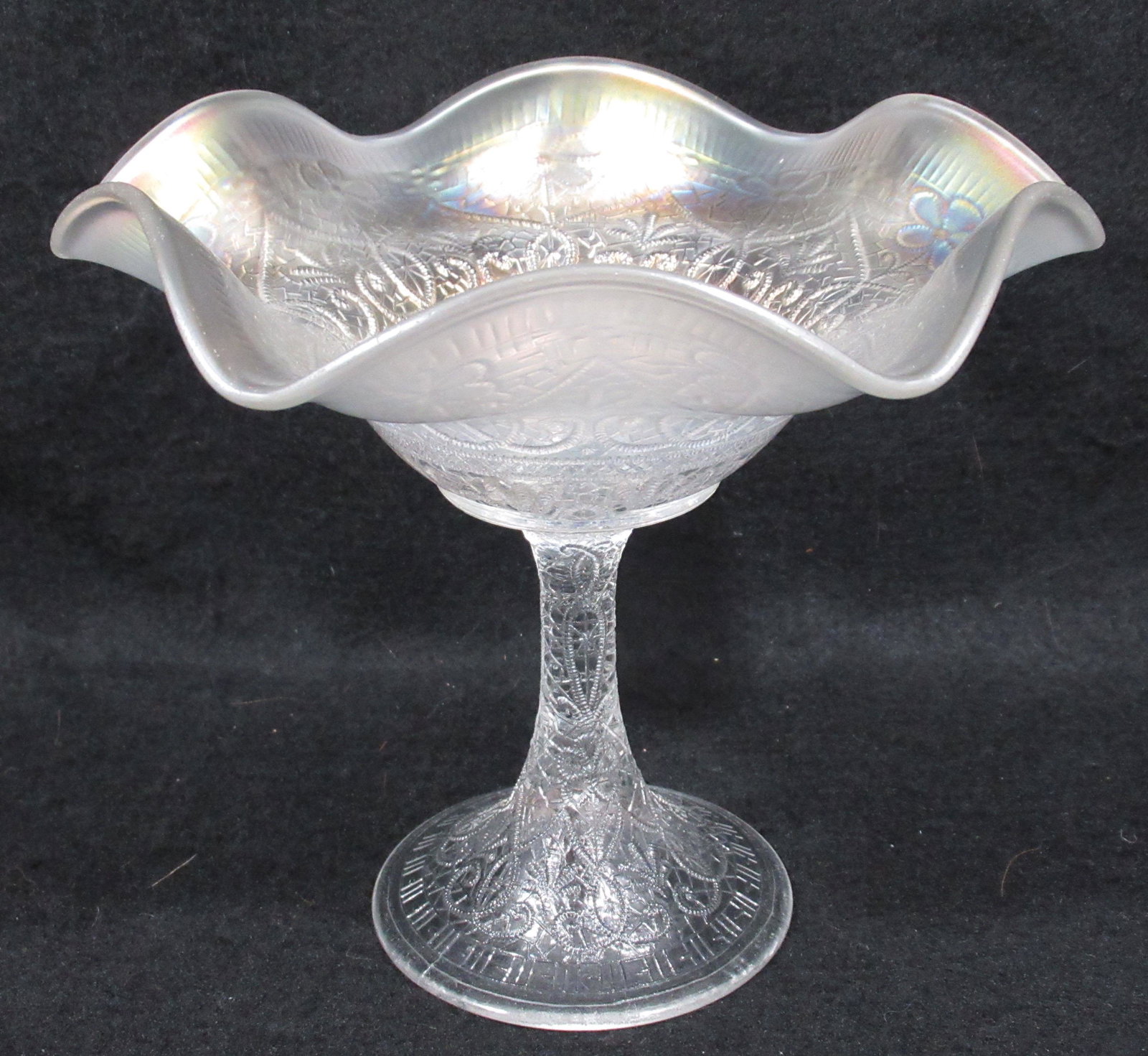 Fenton White Carnival Glass Compote, Persian Medallion: 6"T x 7"W