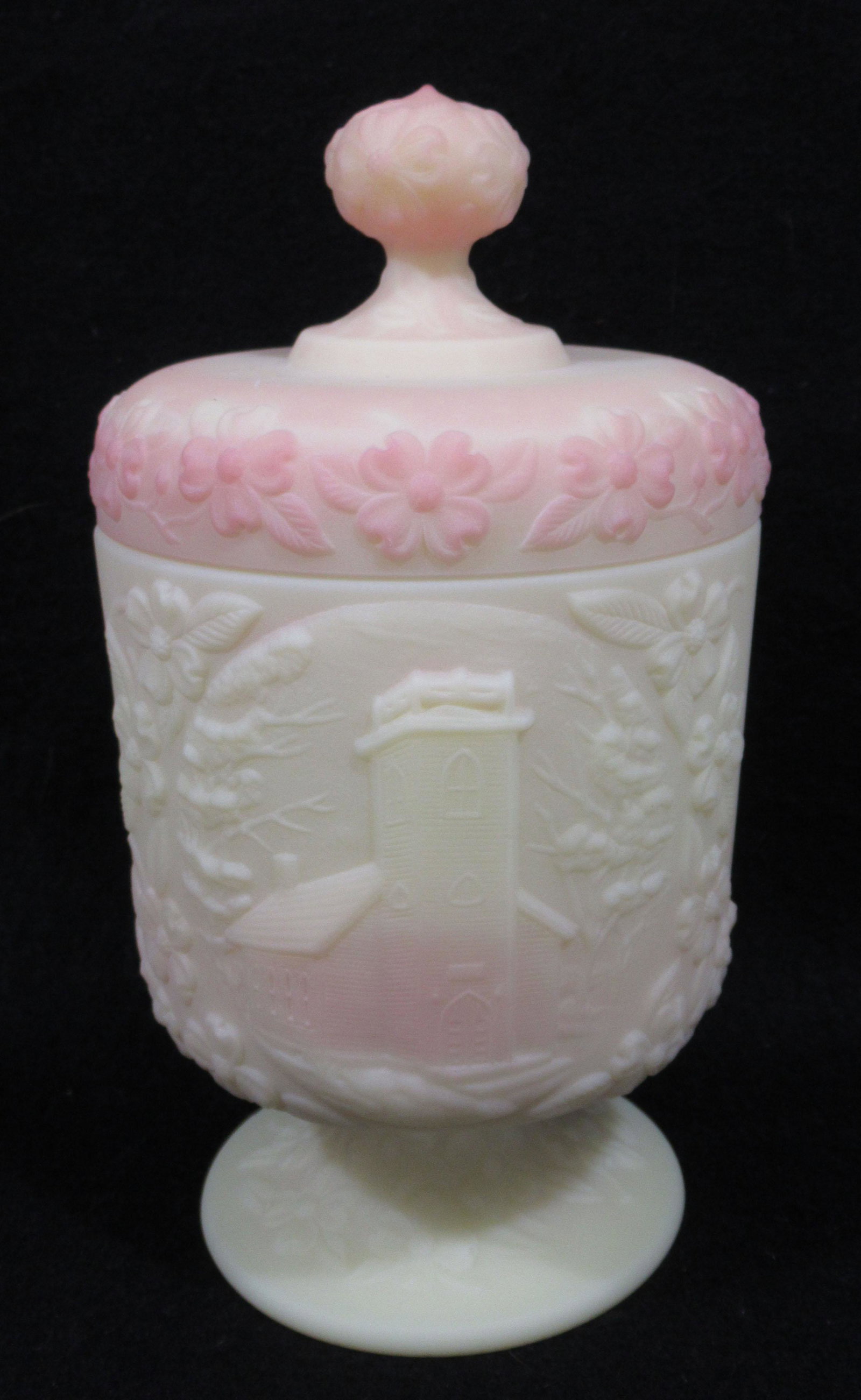 Fenton Burmese Little Brown Church Box: 8"T x 4 1/2"W