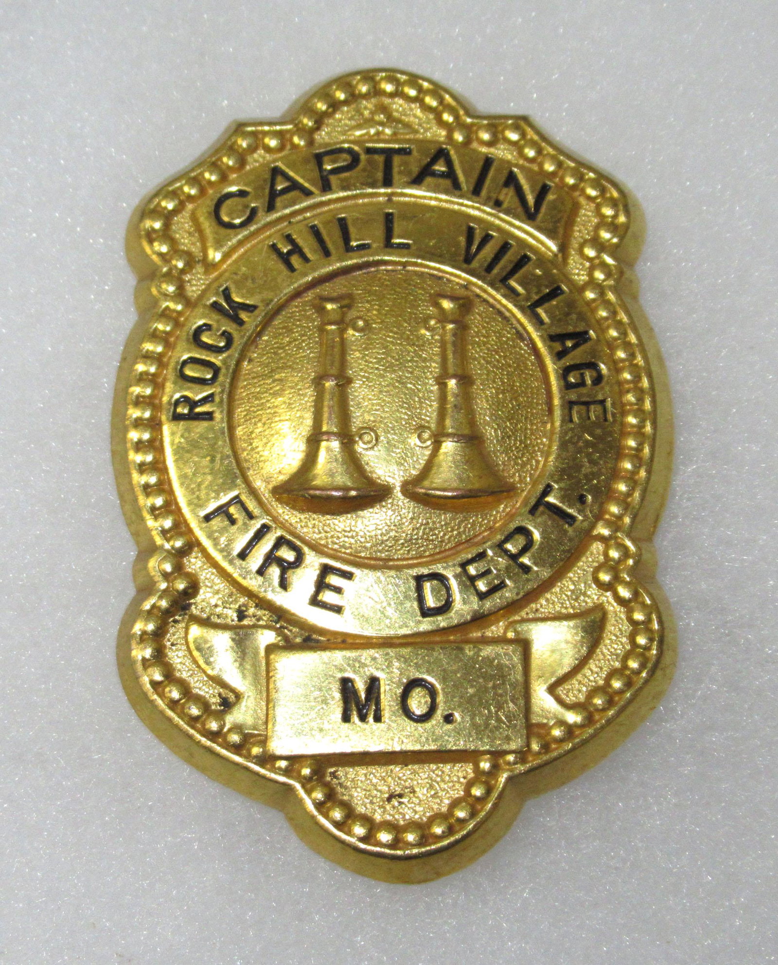 Fire Dept. Badge Captain Rock Hill Village, MO: 2 1/2" x 1 5/8"