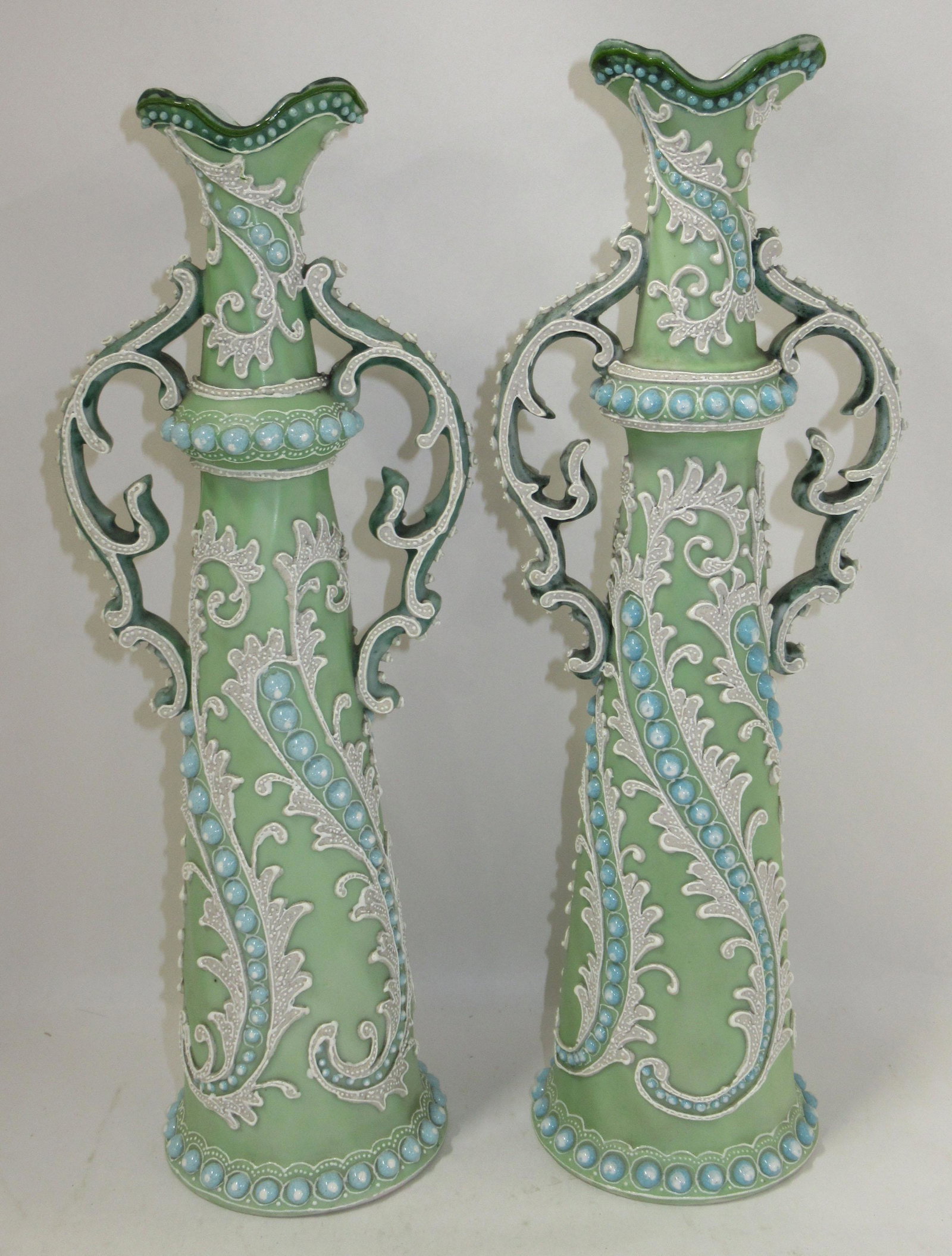 Pr of Moriage Nippon Vases: 11"T x 4"W