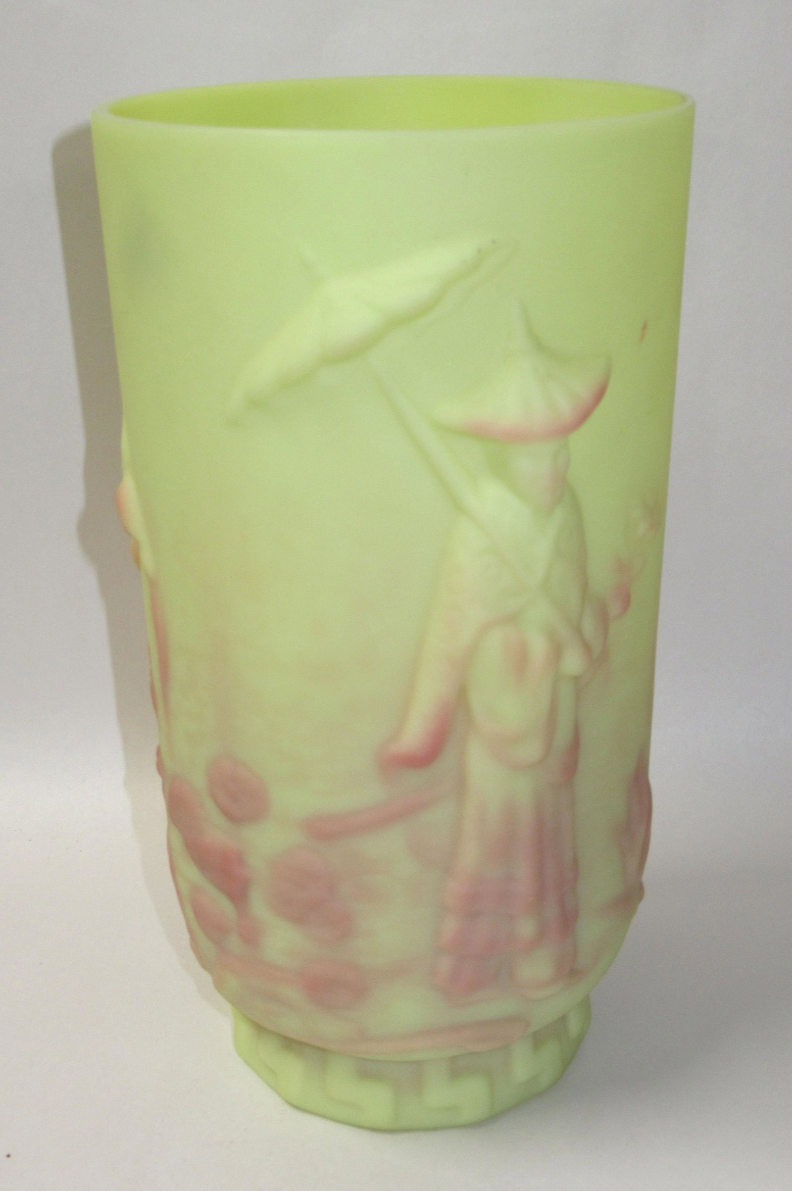 Fenton Burmese Vase w/ Oriental Figure: 9 1/4"T x 5 1/4"W