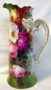 Limoges Floral Tankard w/ Dragon Handle: 14 5/8" tall, Artist Signed, marked JPL