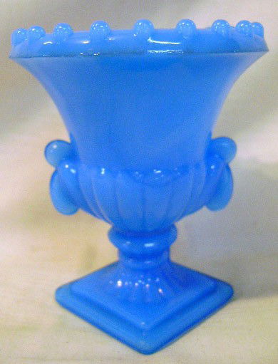Blue Milk Glass Toothpick Holder: 3 1/4" tall, marked NYC, Vogue Merc. Co. USA