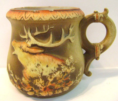 Hand-painted Unmarked Nippon Porcelain Cup w Stags: Hand-painted Unmarked Nippon Porcelain Cup w/ Stags 3 1/2" tall