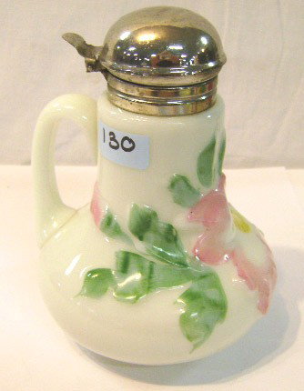 Hand-painted Victorian Opal Glass Syrup: Hand-painted Victorian Opal Glass Syrup 6 1/2"