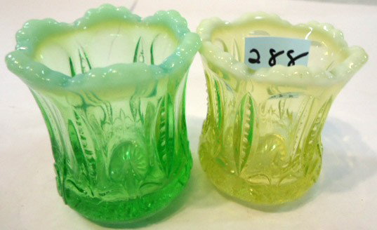 2pc Toothpicks Iris w/ Meander: 2pc Toothpicks Iris w/ Meander One Green Opalescent, one Canary Opalescent Jefferson Glass Co. 2 1/2" tall