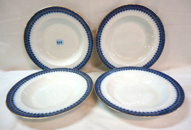 4 Flow Blue Soup Bowls, "Majestic": 10 1/2"