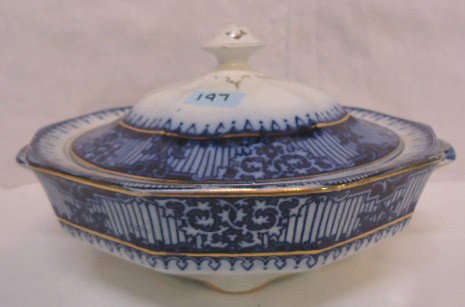 Flow Blue Covered Bowl, "Regent": 10 1/2"