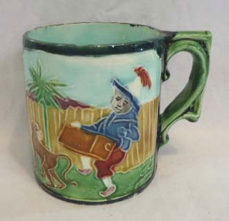 Majolica Cup w/ Monkey & Organ Grinder: 3 1/2"