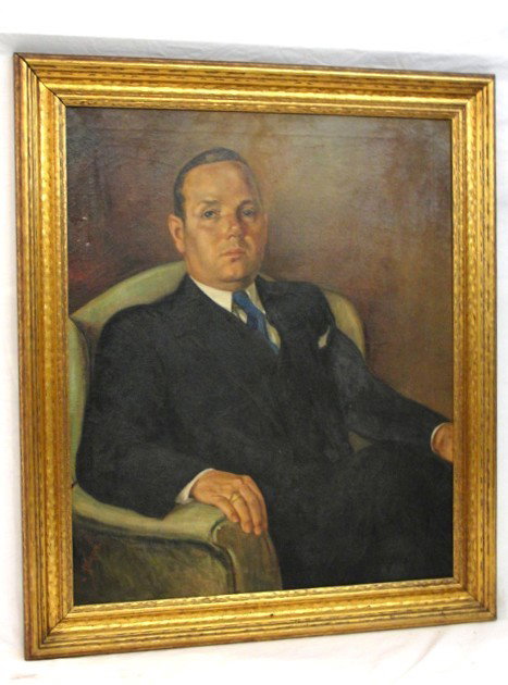 Painting Of A Gentleman Signed MET. Johnson: Husband ( Banker To Lot 40). Oil on Canvas of gentleman seating in his Favorite chair wearing a blue suite. Canvas size 30'' h. x 25'' 4 Frame 36''h. 30'' w. ( Wife to Lot 36'' )