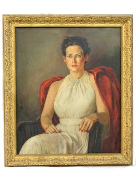 Painting Of A Lady Seating Signed M.T. Johnson: Wearing a sleeveless gown, with red coating hanging over chair. Oil on canvas in a gilted frame. C. 1940-50. Condition good with minor scratch. Canvas size 30'' h. x 25'' 4 Frame 36''h. 30'' w. ( Wife
