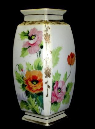 Nippon Hand Painted Square Bulbous Form Vase: Decorated with flowers and gold gilt highlights. Condition very minor wear to gilt top and bottom rims. *'' x 3 1/2'' x 3 1/2''