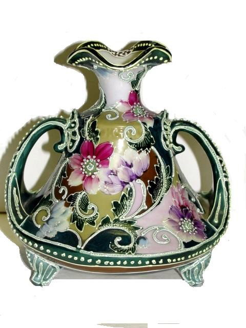 Nippon Double Handle Moriage Flower Vase: Condition very good. 7'' x 7'' ( Keep Checking Auction zip Then Our Web Site For All Future Upcoming Sales Events)