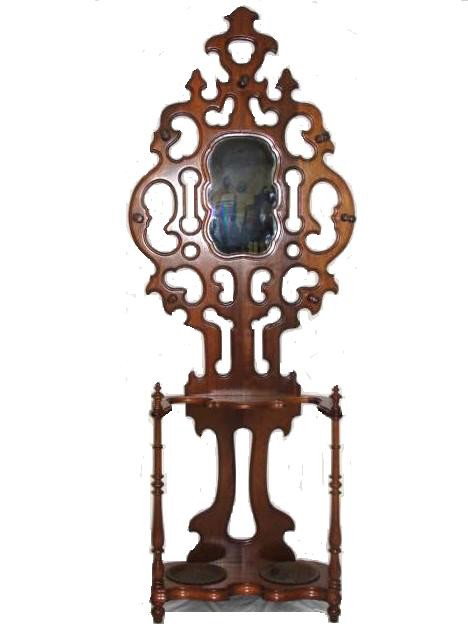 Victorian Walnut Umbrella Stand Hall Tree: With pierced top and original drip pans. Condition good old medium color refinish. Ca. 1860 H. 86'' W. 32'' D. 13''