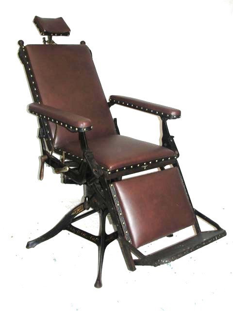 A.S. Aloe Co. Vintage Physicians Chair: or dentist chair. With wonderful stenciling on base of names ( See Photos ) Adjusts to several different position. Condition Recovered, frame and stencil work very good. H. 56'' W. 26'' D. 38''