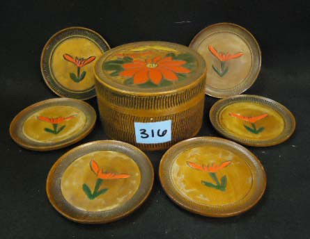 Occupied Japan Wood Boxed Coaster Set: 3 3/4"