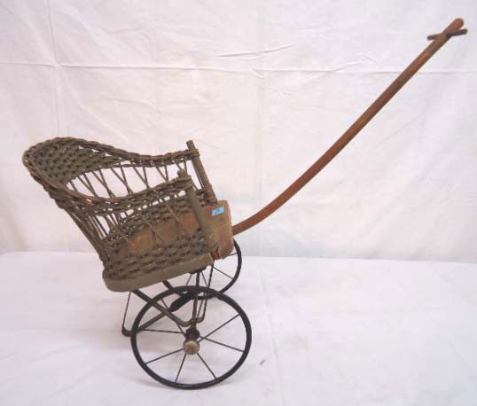 Wicker Doll 2 Wheel Cart: H 17", L 25", D 10 1/2"