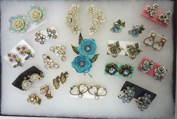 Huge Coro Floral Jewelry Lot: 16 pcs. Signed Coro of blue, white, rhinestone & molded earrings plus a 3" enameled brooch