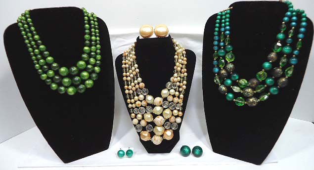 3 Coro Beaded Chokers & Necklaces: 3 Necklaces to include a 3 strand 14" olive green bead, a 3 strand 16" green moonglow beads with faceted & hand painted beads, 5 strand 17" peachy clear faceted and ivory beads, all with extender bead