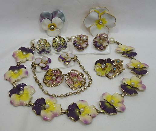 Enameled Pansy Jewelry Lot: Includes a 17" necklace, sweater clips, 3 pins and 3 sets of earrings. The heart pin is sgnd. Coro