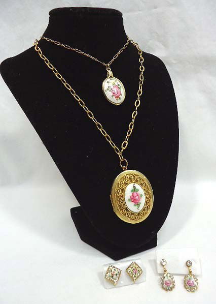 Guilloche 4 Pc Enameled Jewelry Set: 4 Pc Guilloche enameled items inc. a locket on a 29" goldtone chain, a pendant on a 20" goldtone chain and 2 pr earrings in goldtone with clear rhinestones