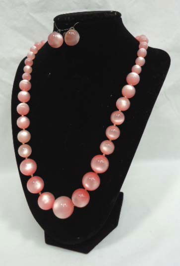 Early Pink Lucite Moonglow Necklace Set: 24" Moonstone necklace with individually knotted beads and a sterling silver push in closure with matching screw back earrings