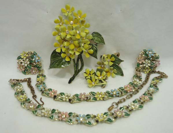 2 Enameled Flower Jewelry Sets: 8 1/2" pastel flower choker with 7" extension chain and matching 7" bracelet and 1" earrings plus 3 1/4" stacked yellow bouquet brooch & matching 1 1/4" earrings