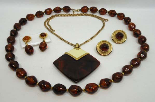 Crown Trifari Jewelry Lot: 24" Faux Amber Necklace & Matching Earrings, Faux Tortisshell 18" Modernist Necklace & Extra Pr. Amber Earrings all Signed Crown Trifari