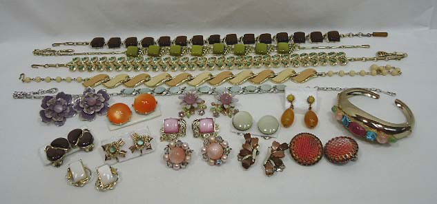 17 pc Coro Thermoset & Moonglow Lot: Inc. Four 16" & One 14" Chokers, 12 pr of Earrings and a Lovely Gold Tone Moonglow & Rhinestone Spring Clasp Bracelet