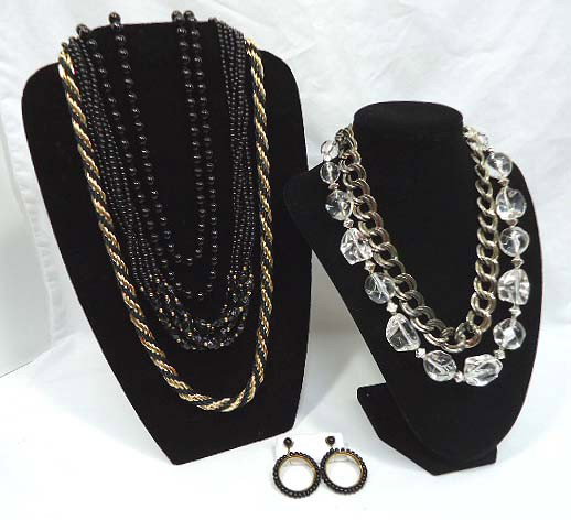 Large Black Jewelry Lot: 48" black bead necklace, 28 1/2" black & gold twisted rope necklace, 20 1/2" 6 strand black lucite beaded necklace, 18 1/2" chunky clear lucite beaded necklace, 16" silver tone chokers & pr black luci