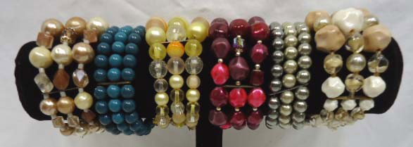 6 Beaded Coil Bracelets: Deep Fushia, Teal, Tans, Yellow, and Gray All are 3 Tier