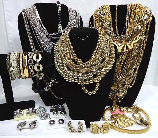 Huge Monet Lot: Gold and silver tone necklaces. Earrings, pins, and bracelet over 4lbs