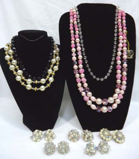 Laguna Beaded Jewelry Selection: 21" pink faceted glass bead and molded lucite necklace with original paper tag, 20" faceted glass bead necklace, 17" double strand choker with faux pearls, gold swirl and glass beads and 5 pr AB earri