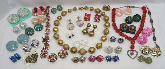 Confetti Party Lot: 34 Pc. Include a 21" gold and yellow necklace with earrings, a pink choker, bracelet and drop necklace and 29 pr of clip and screw back earrings